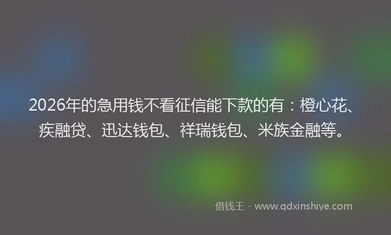 2026年的急用钱不看征信能下款的有:橙心花、疾融贷、迅达钱包、祥瑞钱包、米族金融等。
