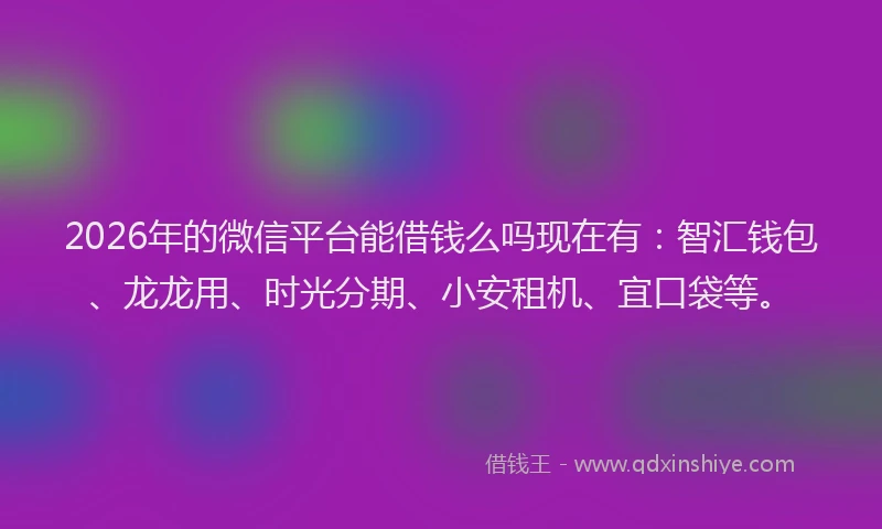 2026年的微信平台能借钱么吗现在有：智汇钱包、龙龙用、时光分期、小安租机、宜口袋等。