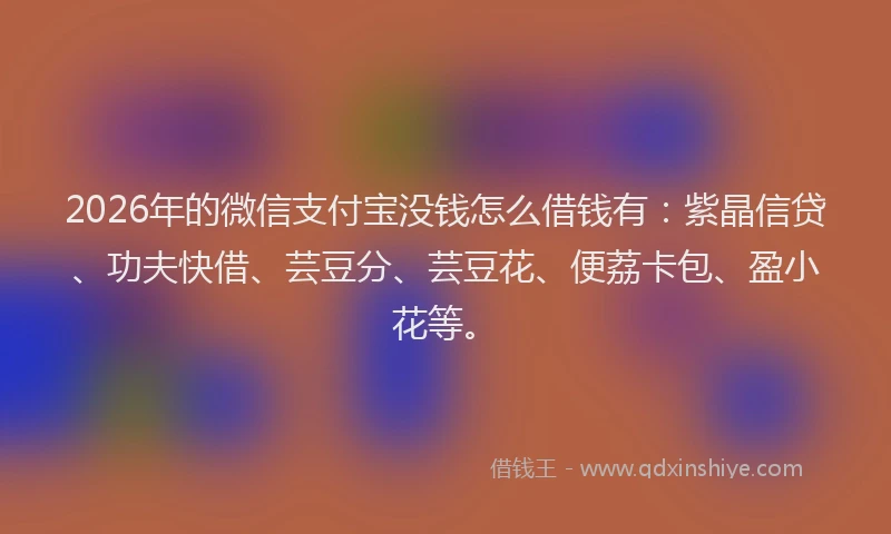 2026年的微信支付宝没钱怎么借钱有：紫晶信贷、功夫快借、芸豆分、芸豆花、便荔卡包、盈小花等。