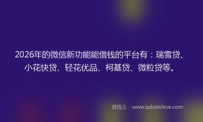 2026年的微信新功能能借钱的平台有：瑞雪贷、小花快贷、轻花优品、柯基贷、微粒贷等。