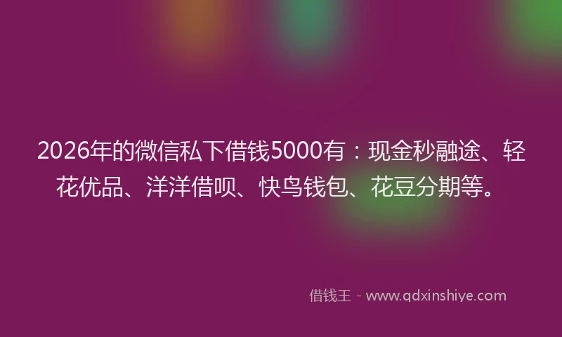2026年的微信私下借钱5000有：现金秒融途、轻花优品、洋洋借呗、快鸟钱包、花豆分期等。