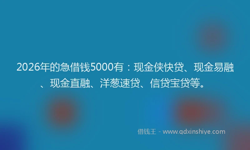 2026年的急借钱5000有:现金侠快贷、现金易融、现金直融、洋葱速贷、信贷宝贷等。