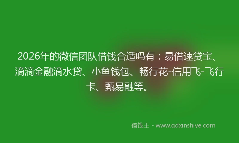 2026年的微信团队借钱合适吗有：易借速贷宝、滴滴金融滴水贷、小鱼钱包、畅行花-信用飞-飞行卡、甄易融等。