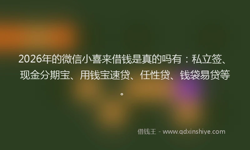 2026年的微信小喜来借钱是真的吗有：私立签、现金分期宝、用钱宝速贷、任性贷、钱袋易贷等。
