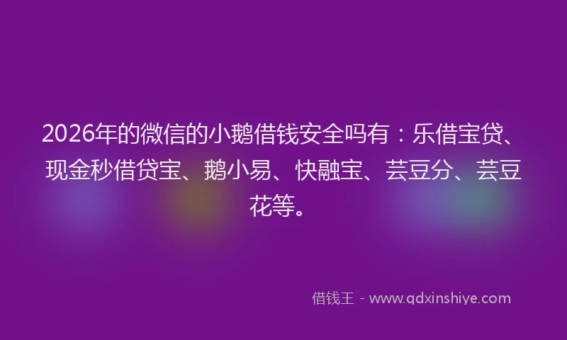 2026年的微信的小鹅借钱安全吗有：乐借宝贷、现金秒借贷宝、鹅小易、快融宝、芸豆分、芸豆花等。