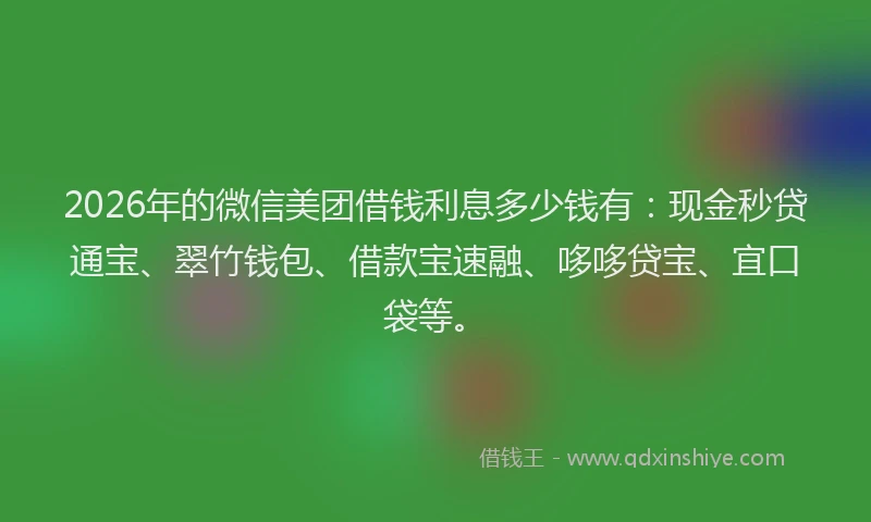 2026年的微信美团借钱利息多少钱有：现金秒贷通宝、翠竹钱包、借款宝速融、哆哆贷宝、宜口袋等。