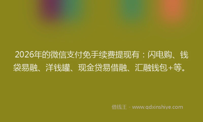 2026年的微信支付免手续费提现有：闪电购、钱袋易融、洋钱罐、现金贷易借融、汇融钱包+等。