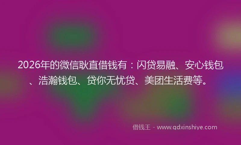 2026年的微信耿直借钱有：闪贷易融、安心钱包、浩瀚钱包、贷你无忧贷、美团生活费等。