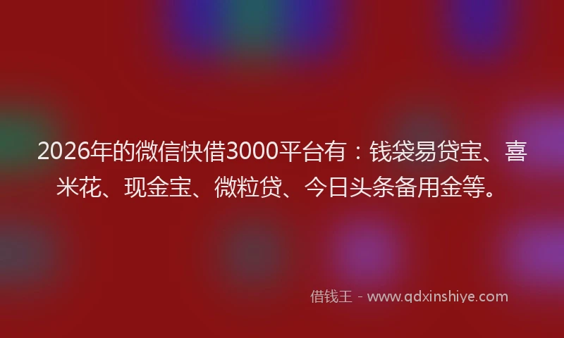 2026年的微信快借3000平台有：钱袋易贷宝、喜米花、现金宝、微粒贷、今日头条备用金等。