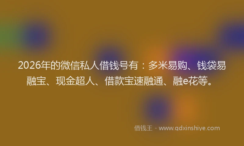 2026年的微信私人借钱号有：多米易购、钱袋易融宝、现金超人、借款宝速融通、融e花等。