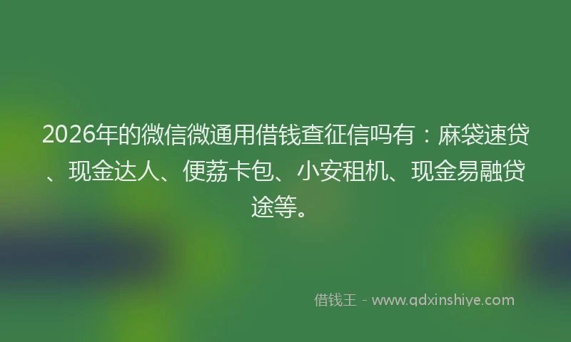 2026年的微信微通用借钱查征信吗有：麻袋速贷、现金达人、便荔卡包、小安租机、现金易融贷途等。