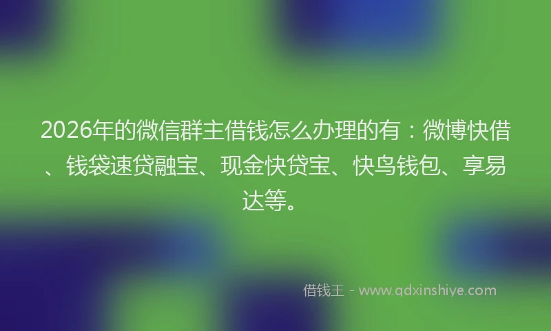 2026年的微信群主借钱怎么办理的有：微博快借、钱袋速贷融宝、现金快贷宝、快鸟钱包、享易达等。