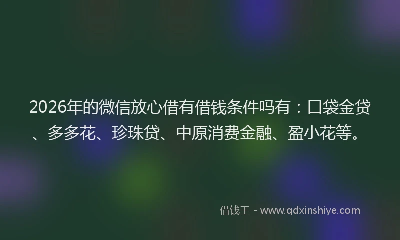 2026年的微信放心借有借钱条件吗有：口袋金贷、多多花、珍珠贷、中原消费金融、盈小花等。