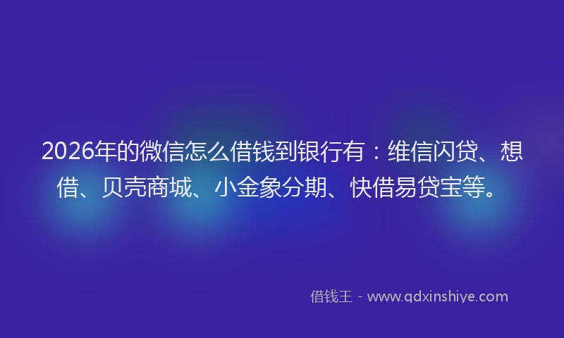 2026年的微信怎么借钱到银行有：维信闪贷、想借、贝壳商城、小金象分期、快借易贷宝等。