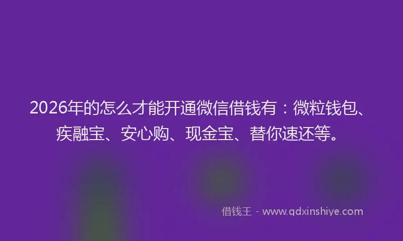 2026年的怎么才能开通微信借钱有：微粒钱包、疾融宝、安心购、现金宝、替你速还等。