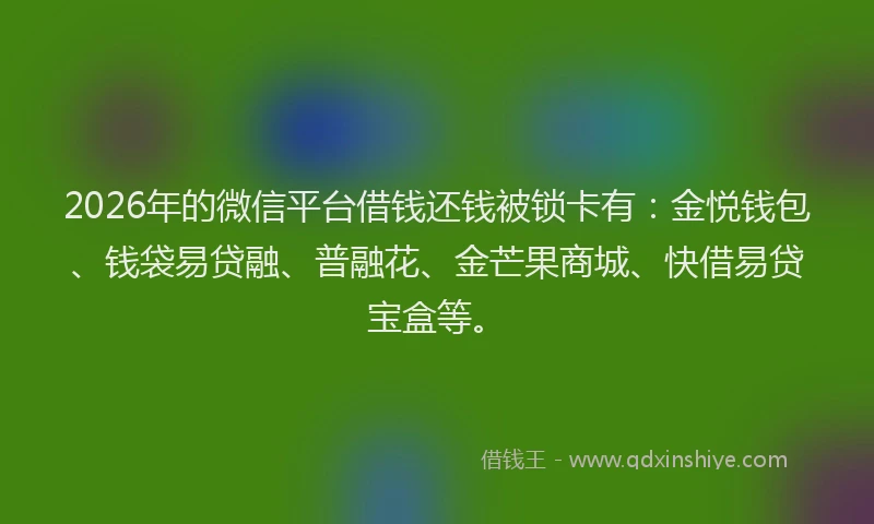 2026年的微信平台借钱还钱被锁卡有：金悦钱包、钱袋易贷融、普融花、金芒果商城、快借易贷宝盒等。