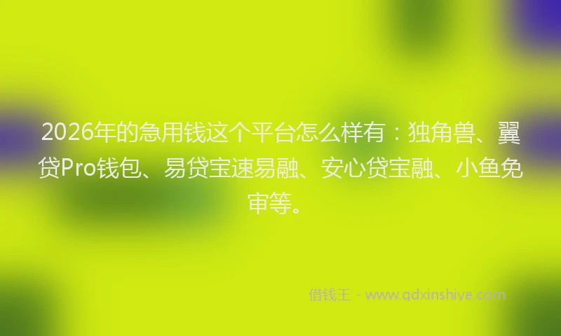 2026年的急用钱这个平台怎么样有：独角兽、翼贷Pro钱包、易贷宝速易融、安心贷宝融、小鱼免审等。
