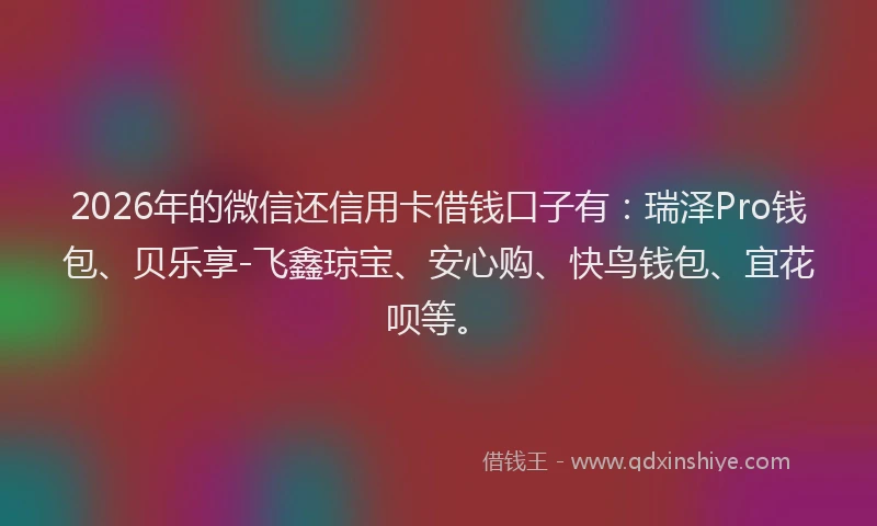 2026年的微信还信用卡借钱口子有：瑞泽Pro钱包、贝乐享-飞鑫琼宝、安心购、快鸟钱包、宜花呗等。