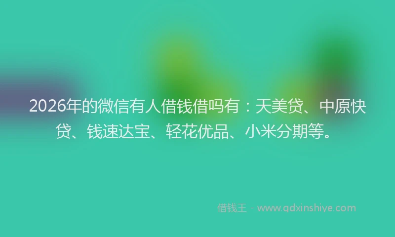 2026年的微信有人借钱借吗有：天美贷、中原快贷、钱速达宝、轻花优品、小米分期等。
