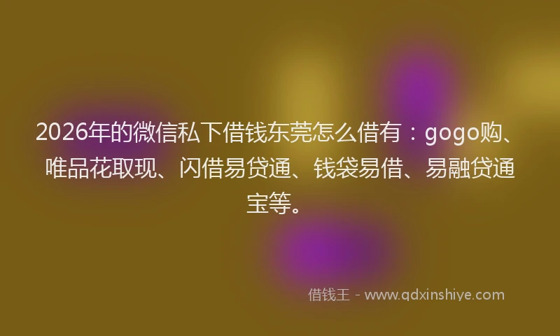 2026年的微信私下借钱东莞怎么借有：gogo购、唯品花取现、闪借易贷通、钱袋易借、易融贷通宝等。