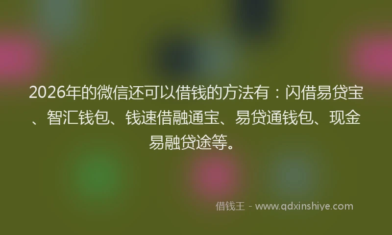 2026年的微信还可以借钱的方法有：闪借易贷宝、智汇钱包、钱速借融通宝、易贷通钱包、现金易融贷途等。