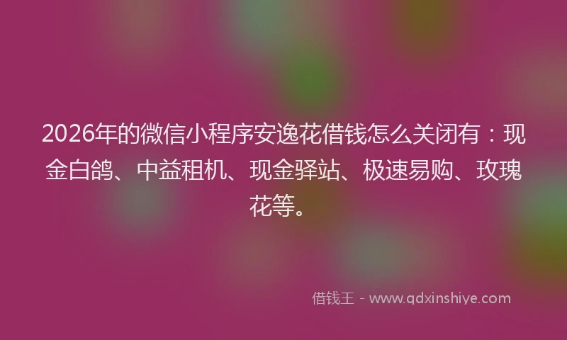 2026年的微信小程序安逸花借钱怎么关闭有：现金白鸽、中益租机、现金驿站、极速易购、玫瑰花等。