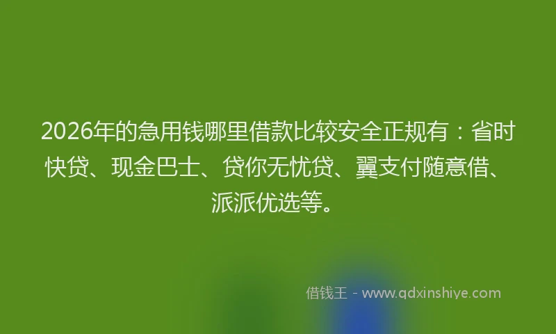 2026年的急用钱哪里借款比较安全正规有:省时快贷、现金巴士、贷你无忧贷、翼支付随意借、派派优选等。