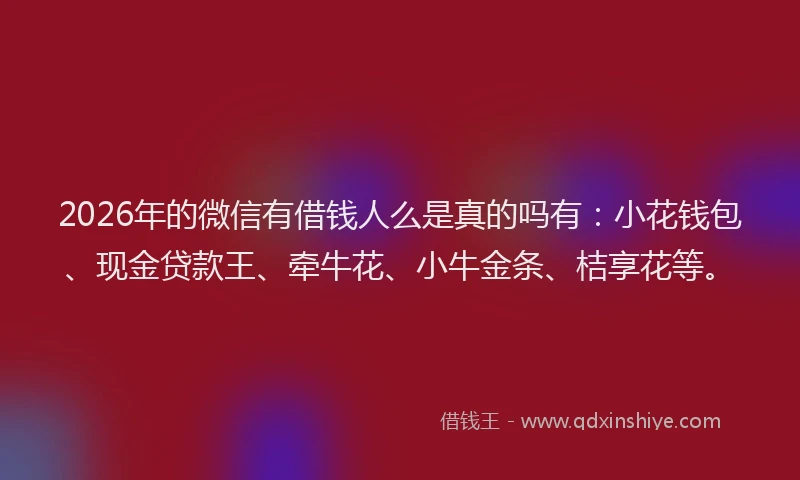 2026年的微信有借钱人么是真的吗有：小花钱包、现金贷款王、牵牛花、小牛金条、桔享花等。
