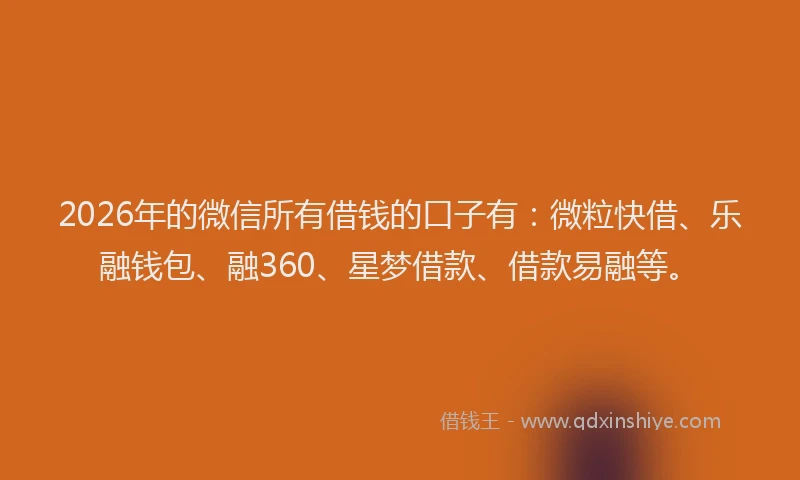 2026年的微信所有借钱的口子有：微粒快借、乐融钱包、融360、星梦借款、借款易融等。