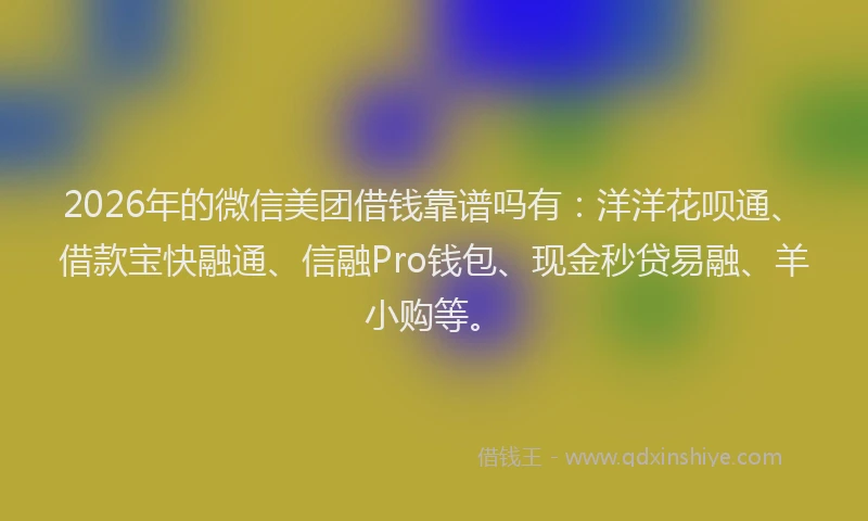 2026年的微信美团借钱靠谱吗有：洋洋花呗通、借款宝快融通、信融Pro钱包、现金秒贷易融、羊小购等。