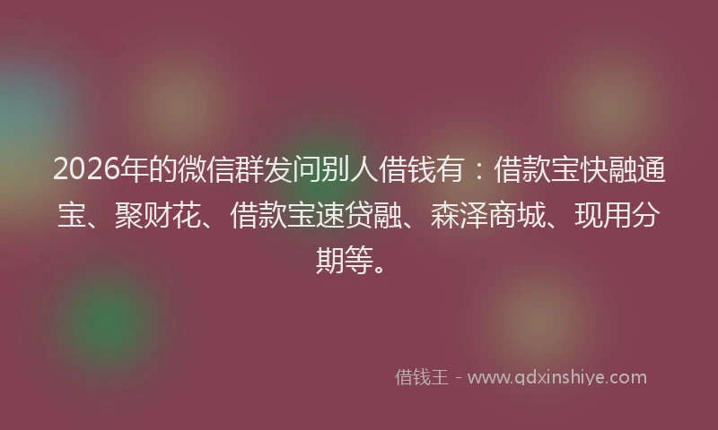 2026年的微信群发问别人借钱有：借款宝快融通宝、聚财花、借款宝速贷融、森泽商城、现用分期等。
