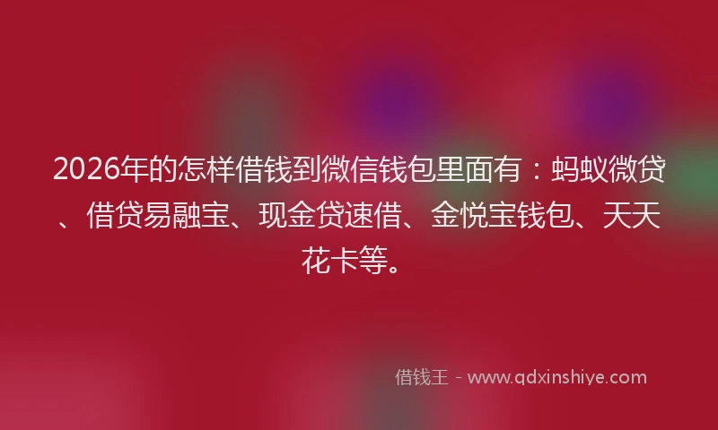 2026年的怎样借钱到微信钱包里面有:蚂蚁微贷、借贷易融宝、现金贷速借、金悦宝钱包、天天花卡等。