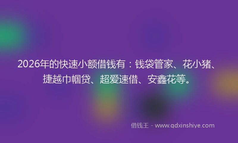 2026年的快速小额借钱有：钱袋管家、花小猪、捷越巾帼贷、超爱速借、安鑫花等。