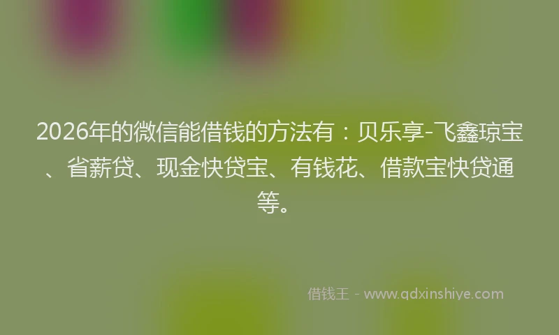 2026年的微信能借钱的方法有：贝乐享-飞鑫琼宝、省薪贷、现金快贷宝、有钱花、借款宝快贷通等。