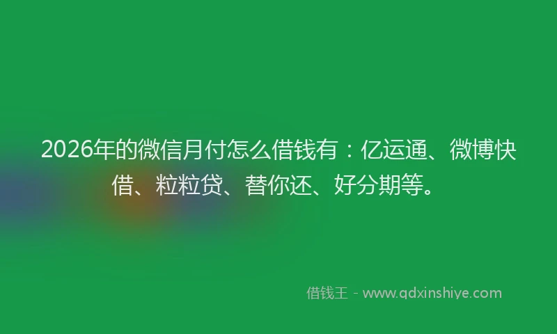 2026年的微信月付怎么借钱有：亿运通、微博快借、粒粒贷、替你还、好分期等。