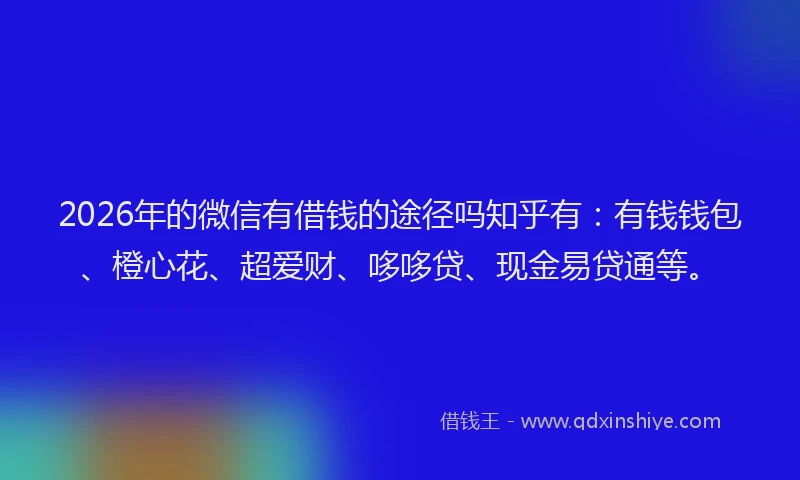 2026年的微信有借钱的途径吗知乎有：有钱钱包、橙心花、超爱财、哆哆贷、现金易贷通等。