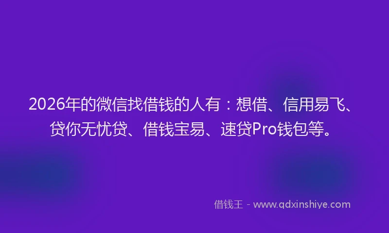 2026年的微信找借钱的人有：想借、信用易飞、贷你无忧贷、借钱宝易、速贷Pro钱包等。