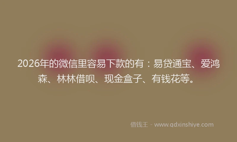 2026年的微信里容易下款的有：易贷通宝、爱鸿森、林林借呗、现金盒子、有钱花等。
