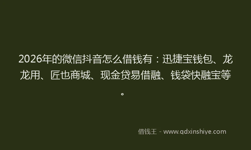 2026年的微信抖音怎么借钱有：迅捷宝钱包、龙龙用、匠也商城、现金贷易借融、钱袋快融宝等。