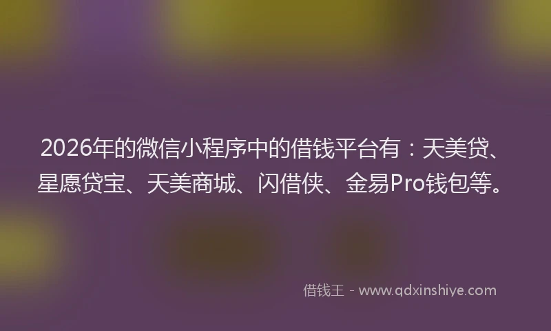 2026年的微信小程序中的借钱平台有：天美贷、星愿贷宝、天美商城、闪借侠、金易Pro钱包等。