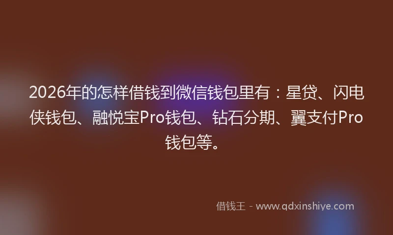 2026年的怎样借钱到微信钱包里有:星贷、闪电侠钱包、融悦宝Pro钱包、钻石分期、翼支付Pro钱包等。