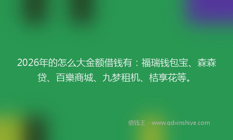 2026年的怎么大金额借钱有:福瑞钱包宝、森森贷、百樂商城、九梦租机、桔享花等。