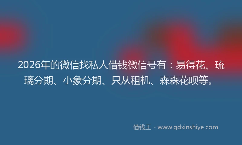 2026年的微信找私人借钱微信号有：易得花、琉璃分期、小象分期、只从租机、森森花呗等。