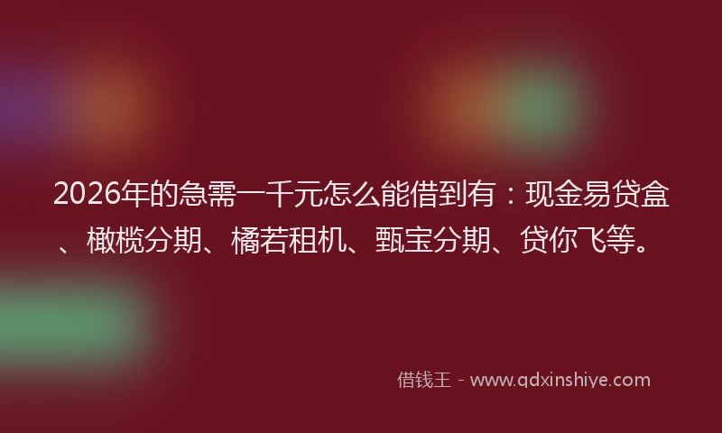 2026年的急需一千元怎么能借到有：现金易贷盒、橄榄分期、橘若租机、甄宝分期、贷你飞等。