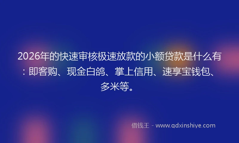 2026年的快速审核极速放款的小额贷款是什么有：即客购、现金白鸽、掌上信用、速享宝钱包、多米等。