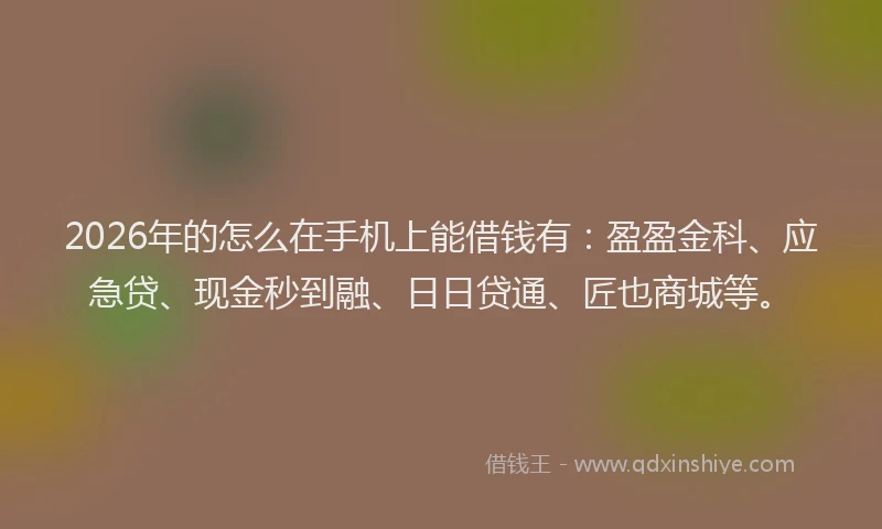 2026年的怎么在手机上能借钱有:盈盈金科、应急贷、现金秒到融、日日贷通、匠也商城等。