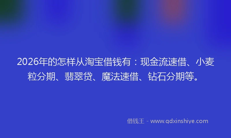 2026年的怎样从淘宝借钱有:现金流速借、小麦粒分期、翡翠贷、魔法速借、钻石分期等。