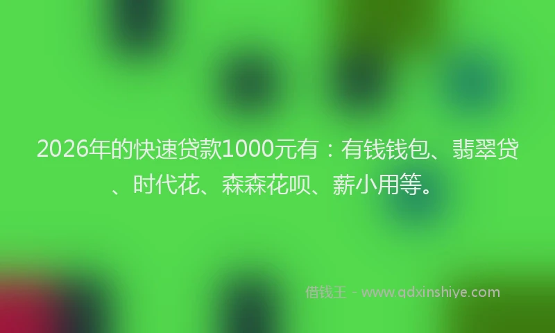 2026年的快速贷款1000元有：有钱钱包、翡翠贷、时代花、森森花呗、薪小用等。