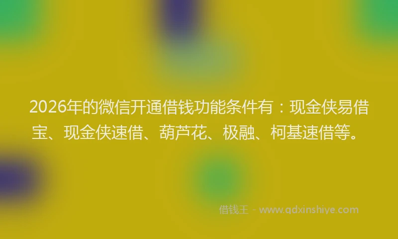 2026年的微信开通借钱功能条件有：现金侠易借宝、现金侠速借、葫芦花、极融、柯基速借等。