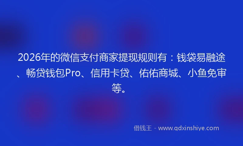2026年的微信支付商家提现规则有：钱袋易融途、畅贷钱包Pro、信用卡贷、佑佑商城、小鱼免审等。